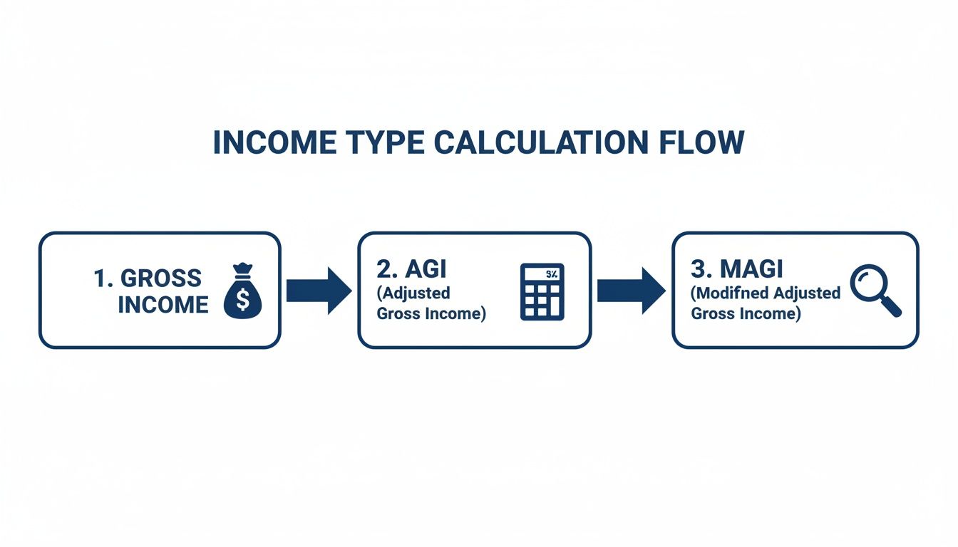 A flowchart illustrates the calculation flow from Gross Income to Adjusted Gross Income (AGI) and then to Modified Adjusted Gross Income (MAGI)