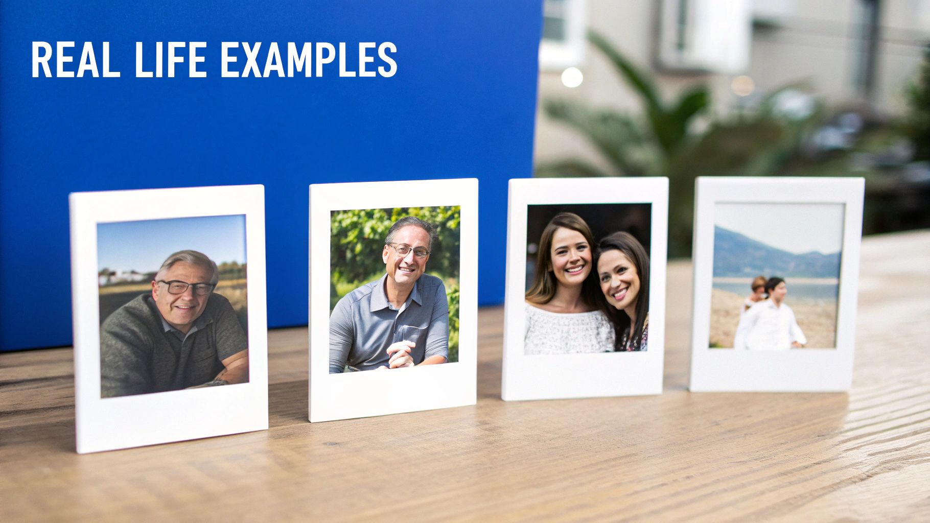 Four instant photos on a wooden table, displaying diverse people, with 'REAL LIFE EXAMPLES' text on a blue background