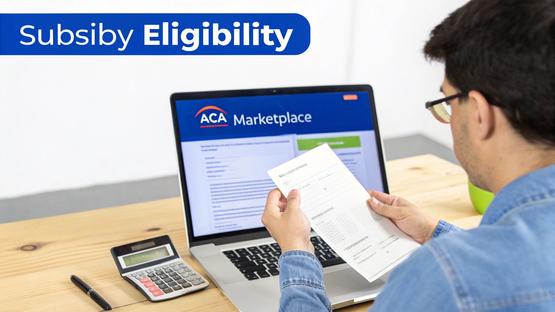 A man reviews a document, calculating subsidy eligibility on a laptop displaying ACA Marketplace